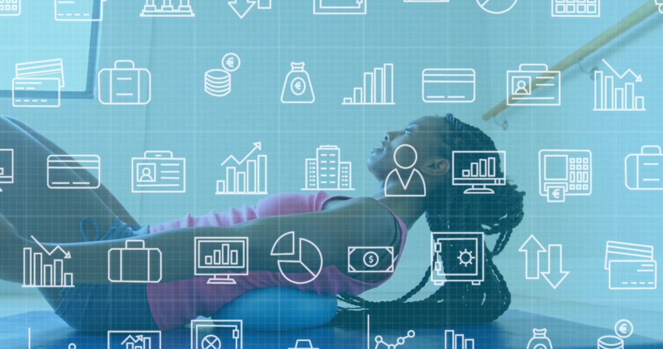 Woman Exercising on Pilates Ball with Financial Data Overlay