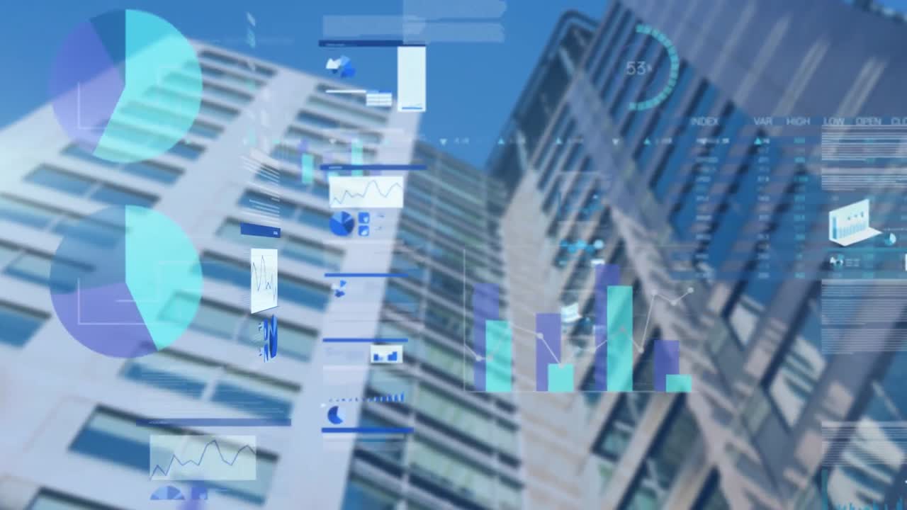 도시 풍경 위의 금융 데이터 처리 애니메이션