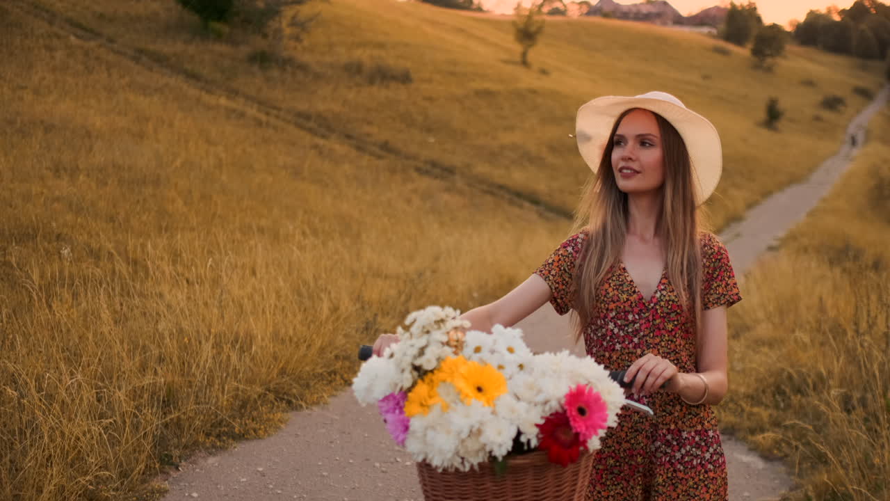 chica de plan medio en vestido va con bicicleta y flores en el campo