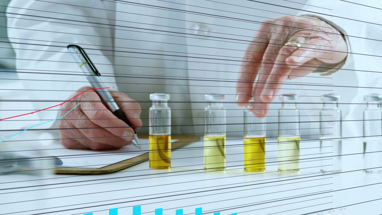 Senior lab tech writing notes lifting vial starting growing barline chart hiding vials for analysis