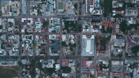 Top-down-view-of-Playa-del-Carmen,-Mexico.-Holiday-resort-city-on-the-shoreline-of-Caribbean-Sea.-Aerial-Birds-Eye-Overhead-Top-Down-View