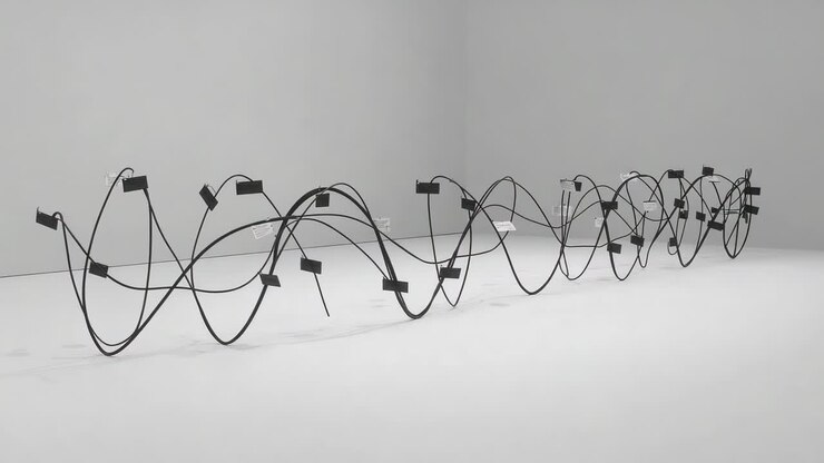 Tracking camera rightward showing black cables in gallery corner, showing loops, modules, supports