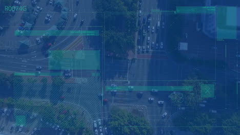 Animation-Der-Digitalen-Schnittstelle-über-Fahrzeuge,-Die-Sich-Auf-Der-Stadtstraße-Bewegen