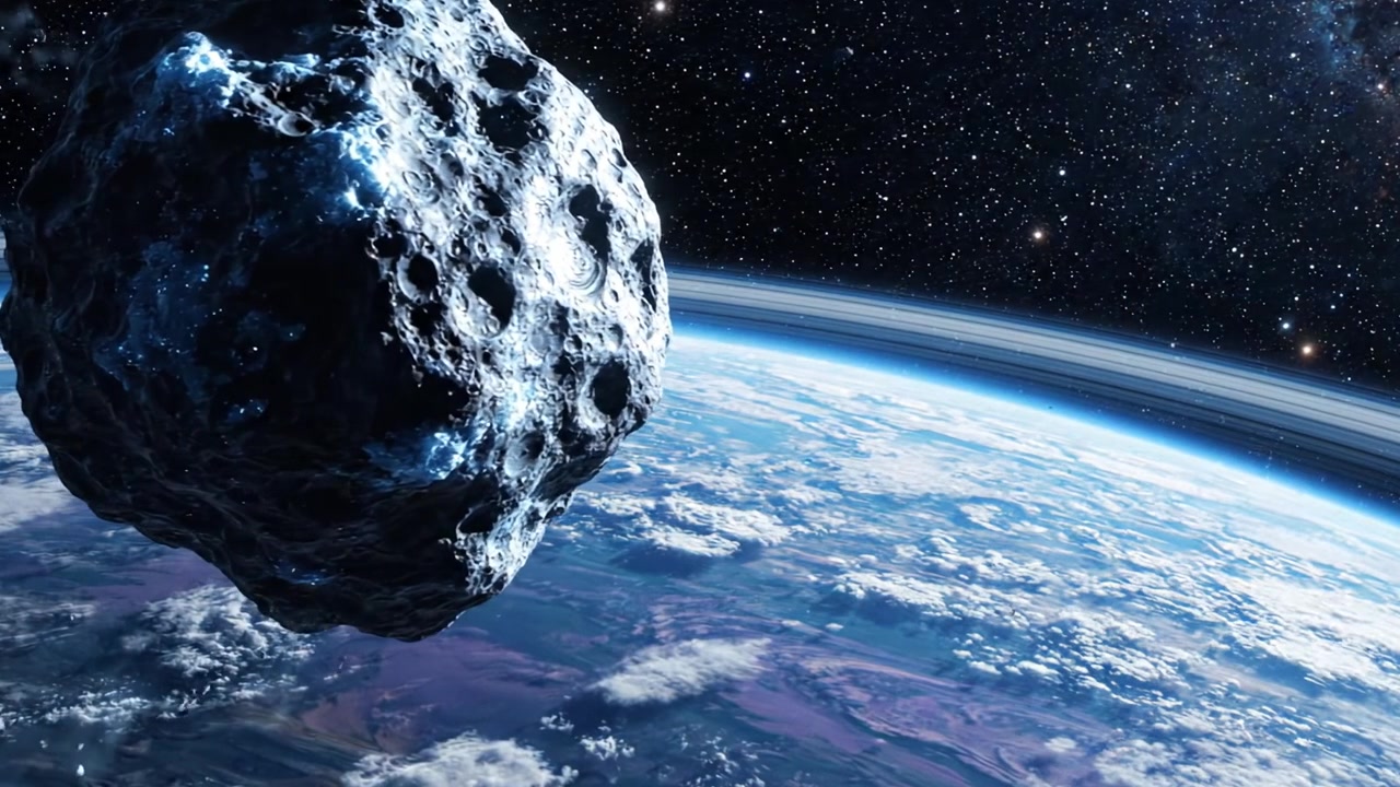Un asteroide massiccio scivola nello spazio sopra la Terra, mostrando la bellezza dell'atmosfera del nostro pianeta e l'ambiente cosmico oltre.