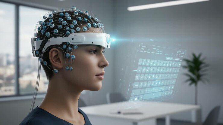 An Innovative Brain-Computer Interface: A Close-Up of a Participant Using a Headset to Interact with Digital Data in a Modern Workspace Environment