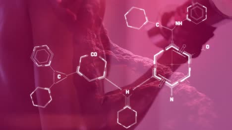 animación de fórmulas químicas sobre el adn y hombre caucásico haciendo ejercicio en fondo rosa