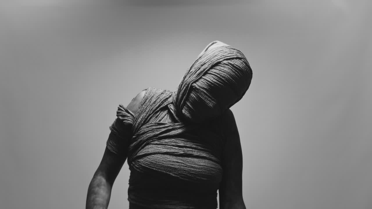 A mummified woman against the bright background moves erratically