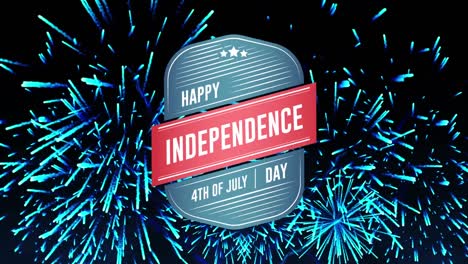 Feliz-Día-De-La-Independencia,-Texto-Del-4-De-Julio-En-Insignia-Y-Fuegos-Artificiales