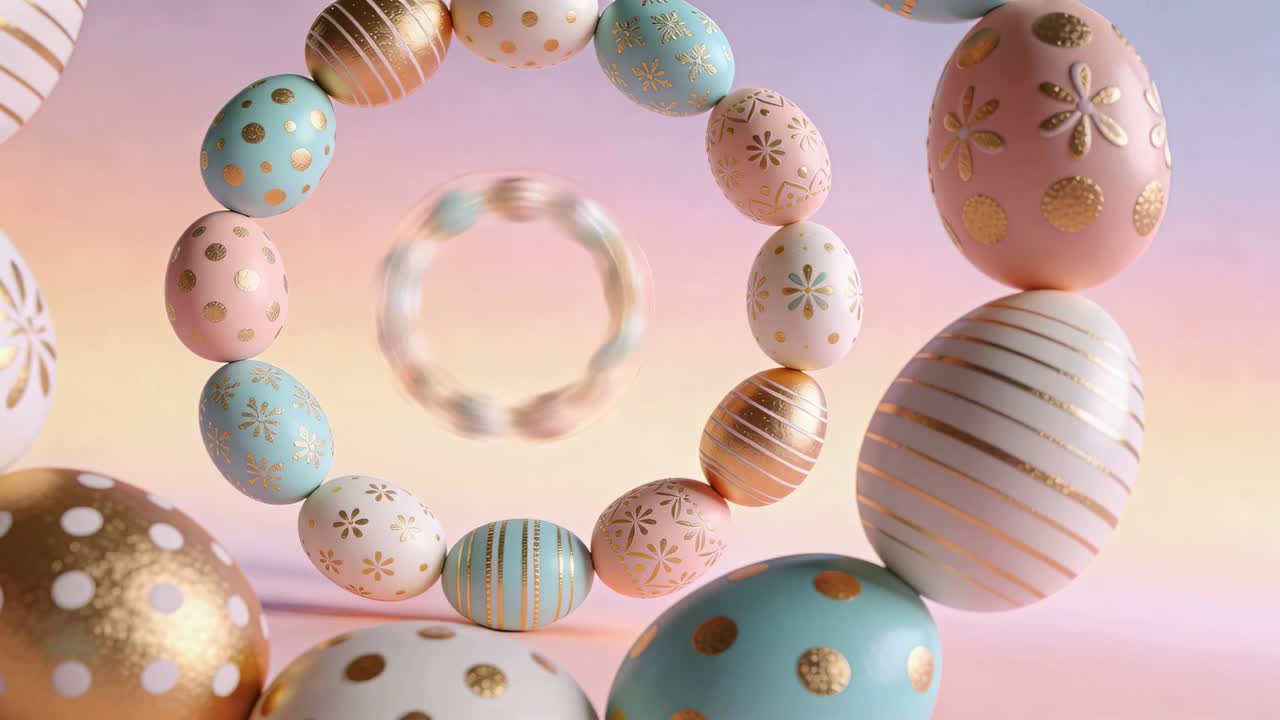 Camera framing centered egg wreath in studio, rings rotating, inner ring spinning, showing gold