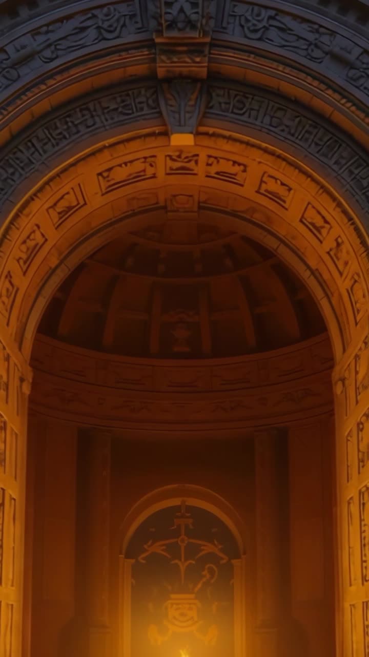 Video verticale: dopo lo scatto, la telecamera si inclina verso l'alto sull'arco scolpito nel corridoio, rivelando pannelli in rilievo