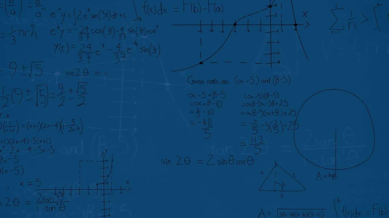 Animation of mathematical equations and diagrams floating against blue background