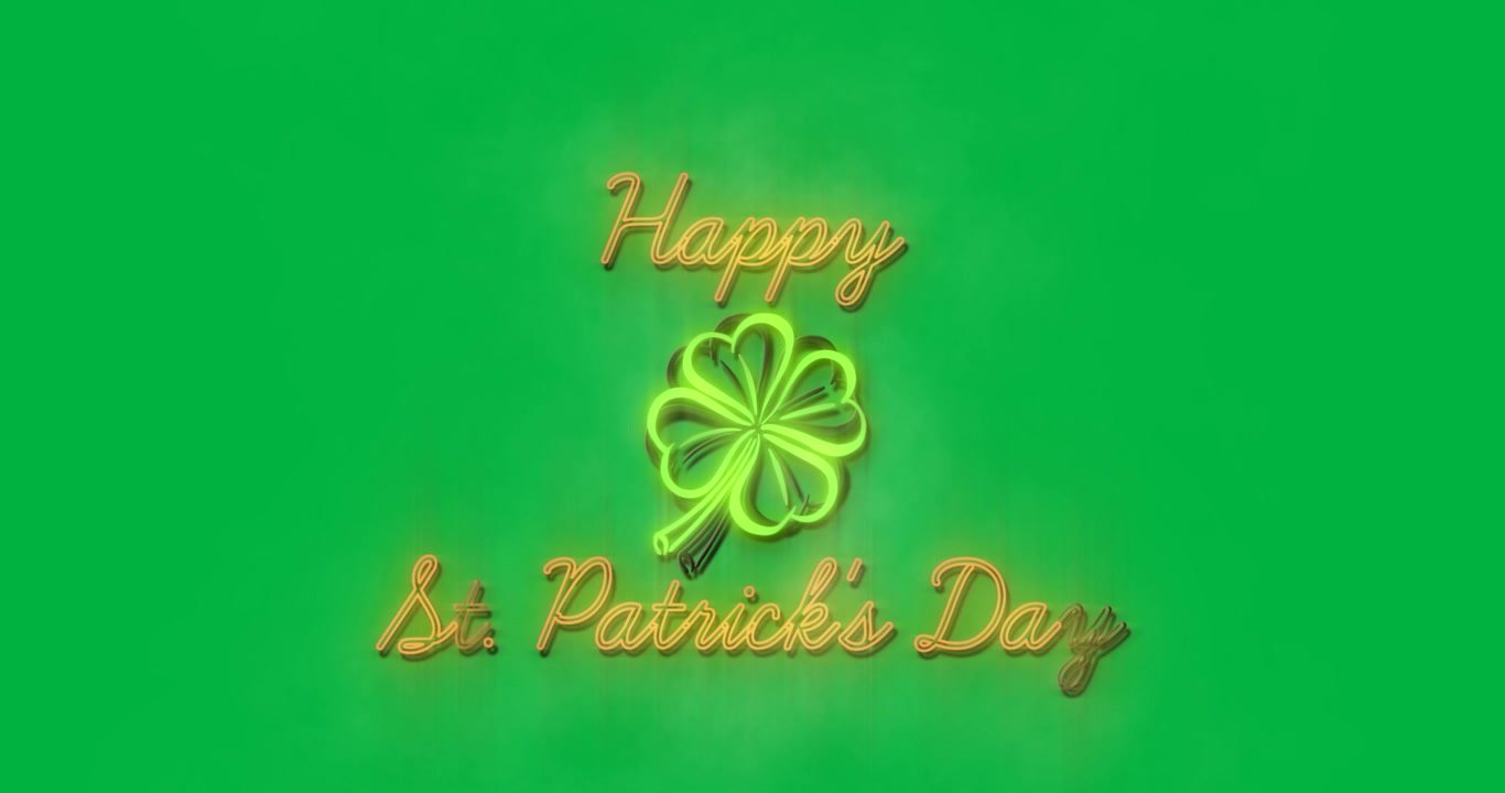Color shift starting StPats sign clover emerging script glowing masks showing transparent neon loop