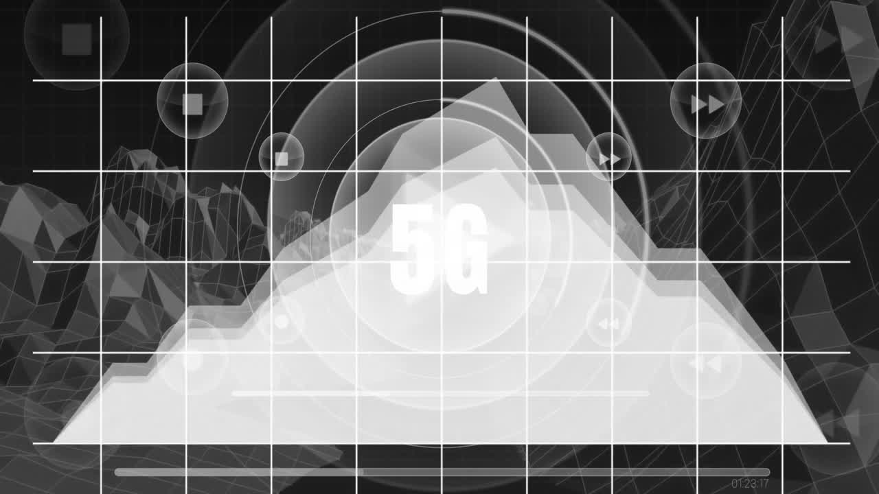 디지털 마운틴 위의 5g 텍스트의 애니메이션