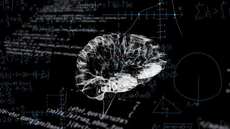 animation of dots forming brain over computer language, mathematical equations and diagrams