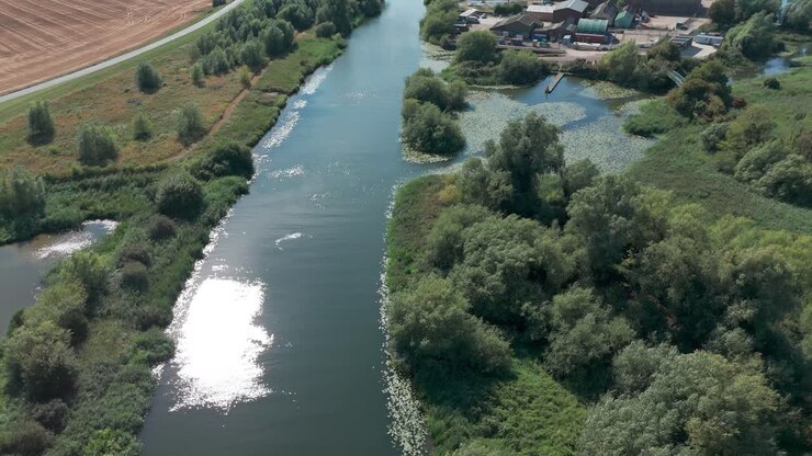 Vista aerea di un fiume rigoglioso e vegetazione, tranquilla scena naturale vicino a cave
