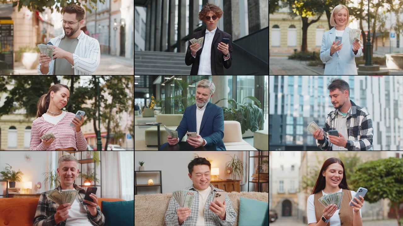 Collage of happy rich people men women with smartphone money dollar cash counting earnings salary