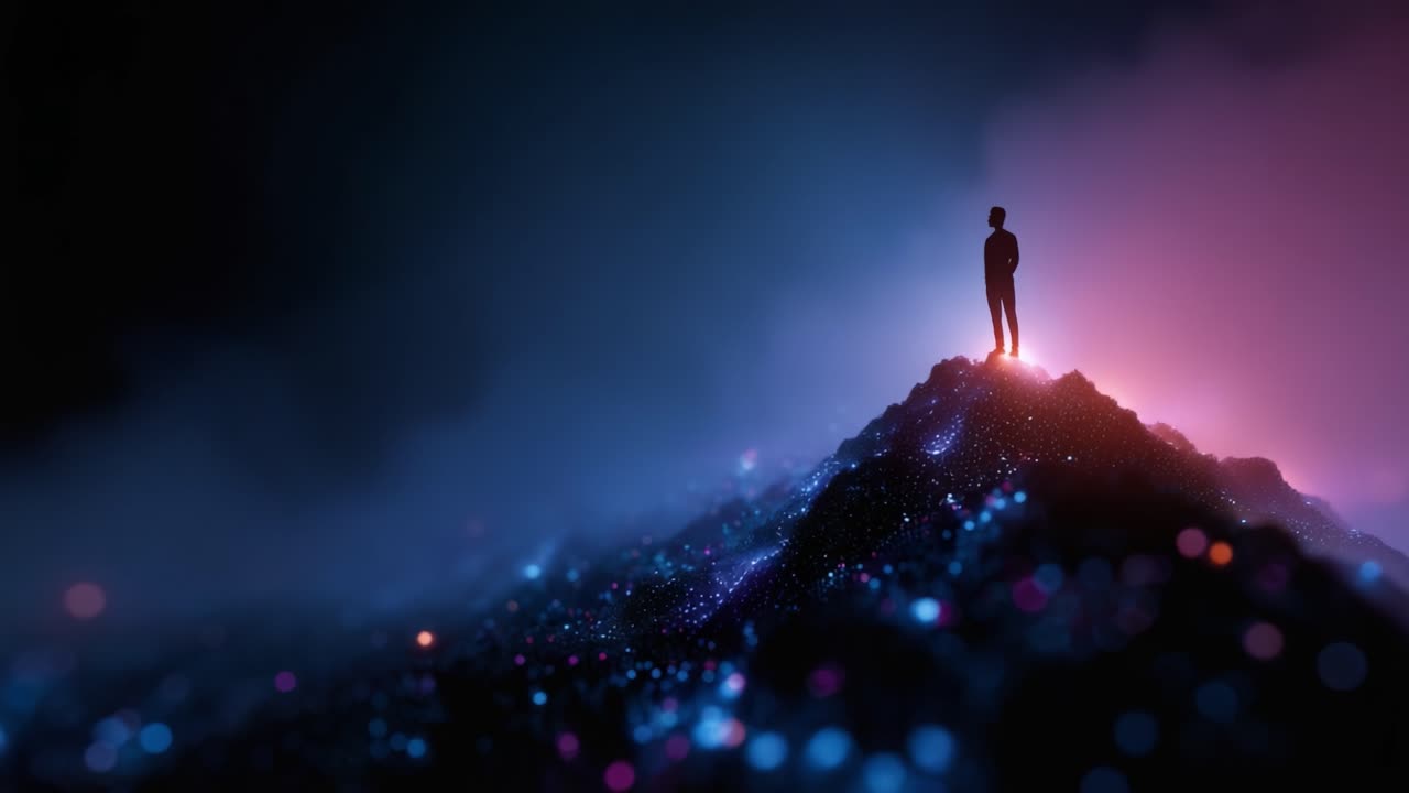 A solitary figure stands atop a glowing mountain of stars, surrounded by a cosmic landscape filled with vibrant colors and a dreamlike atmosphere