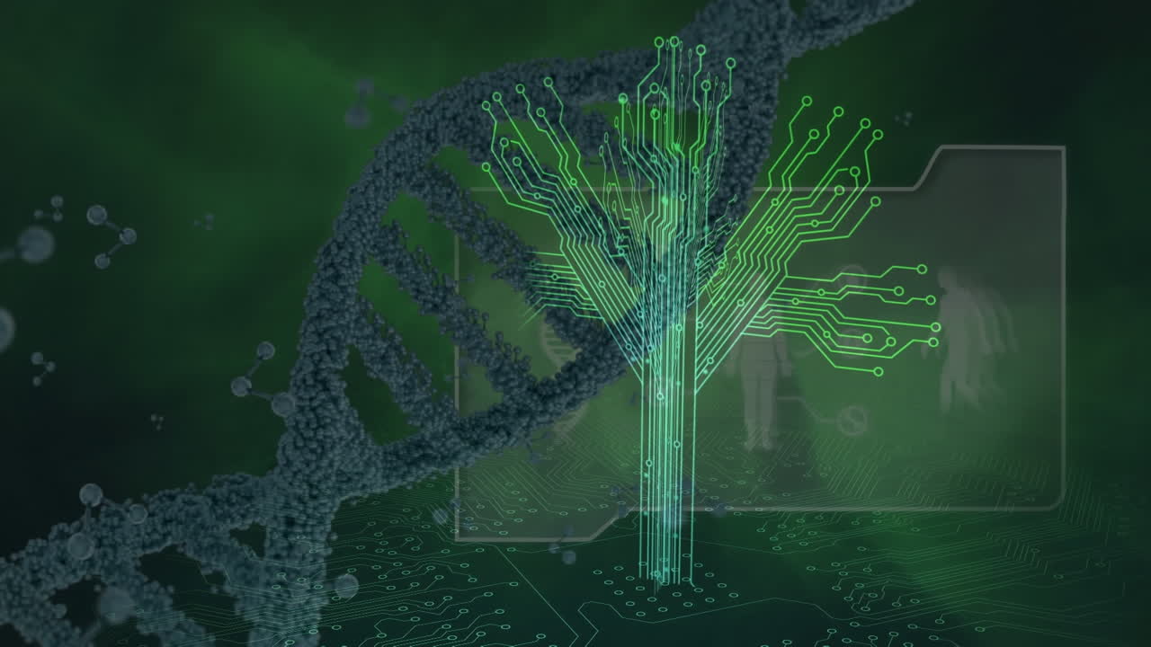 animación de la cadena de adn sobre columnas móviles y cerebro digital