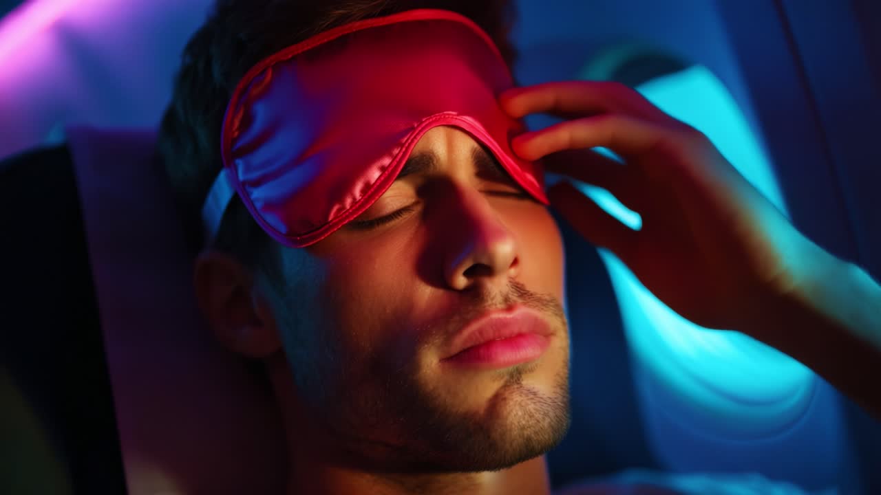 A Young Man Relaxing with a Pink Sleep Mask Amidst Soft Blue and Purple Lighting, Perfectly Capturing the Serene Atmosphere of Air Travel and Comfort During the Nighttime Journey