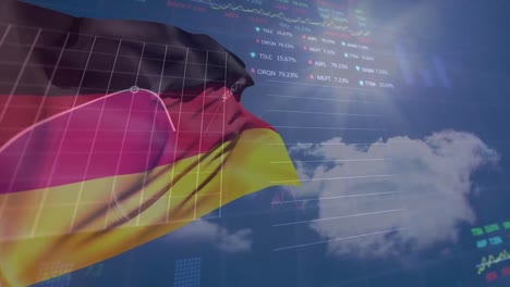 Animation-of-german-flag-waving-against-skyscape-with-infographic-interface-and-trading-board