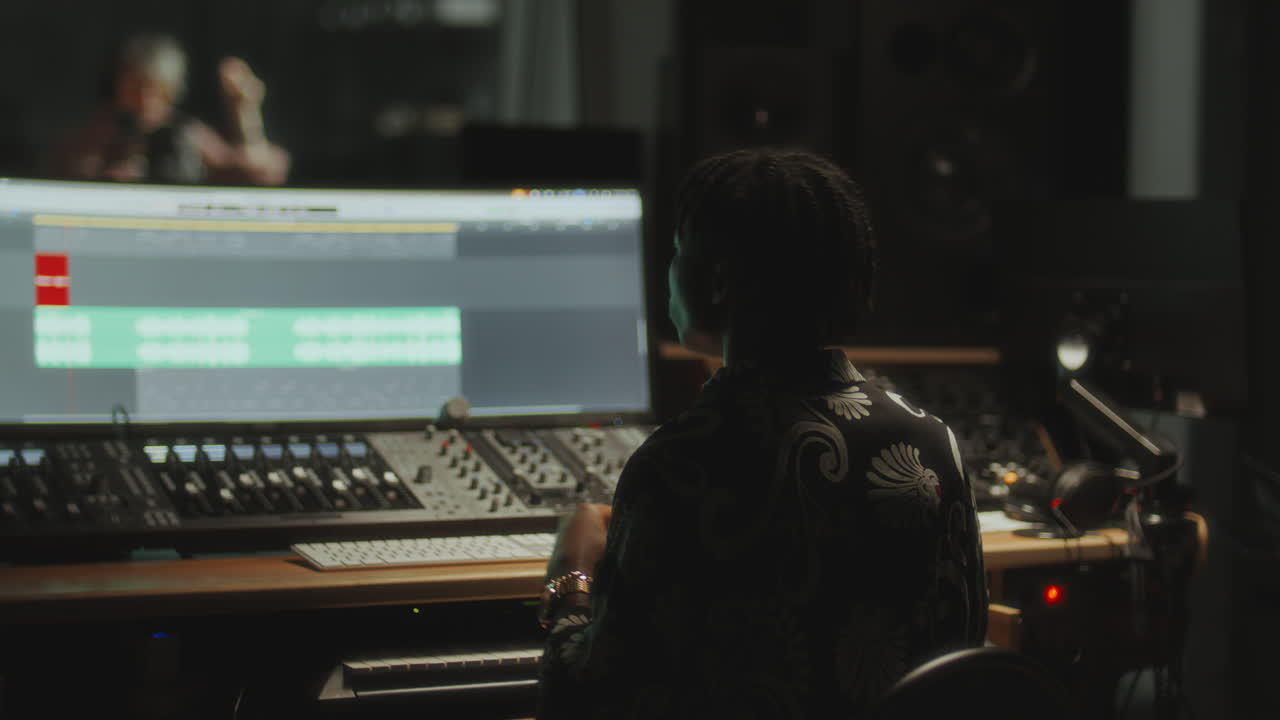 Music Producer Working on Vocal Track with Female Singer in Recording Studio