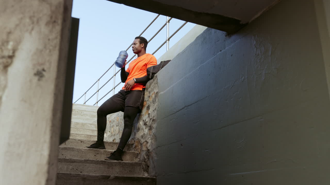 hombre negro, bebiendo agua y haciendo ejercicio al aire libre