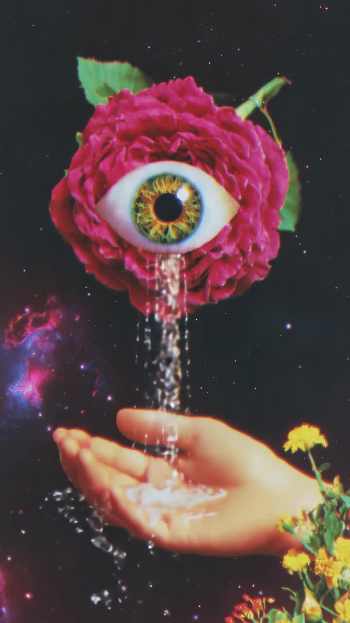 Surreal video concept with a close-up angle. A rose with an eye drips water into a hand, set