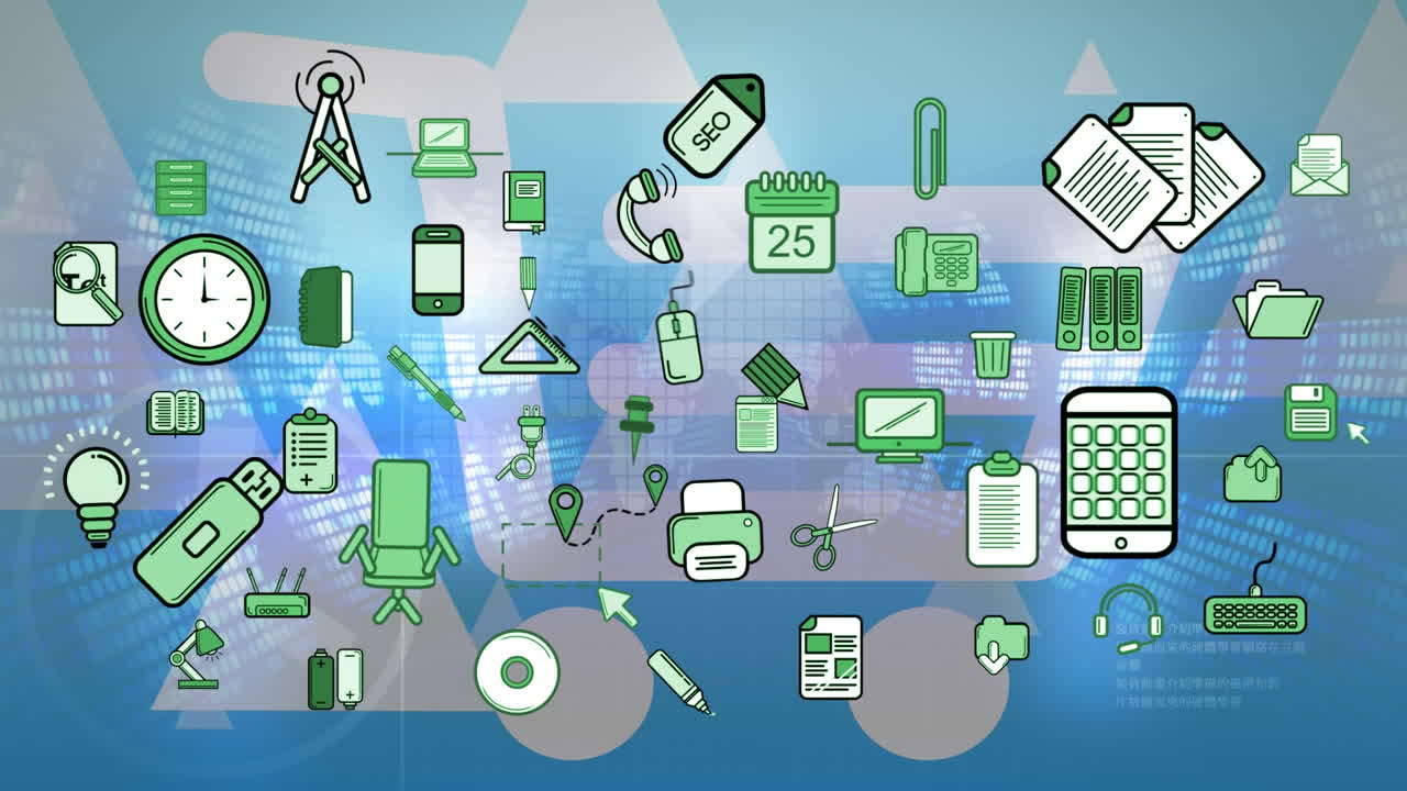 animación de iconos de oficina en movimiento sobre el procesamiento de información financiera