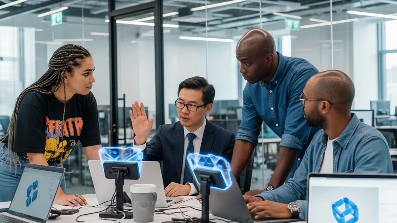 Team Collaboration in a Modern Office: Professionals Engaged in a Project Discussion with Innovative Technology at the Center of Their Focus