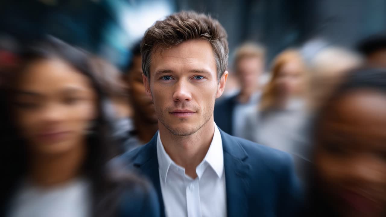A Focused Individual Amidst a Crowd, Portraying Confidence and Determination in an Urban Setting with Blurred Figures Surrounding Him