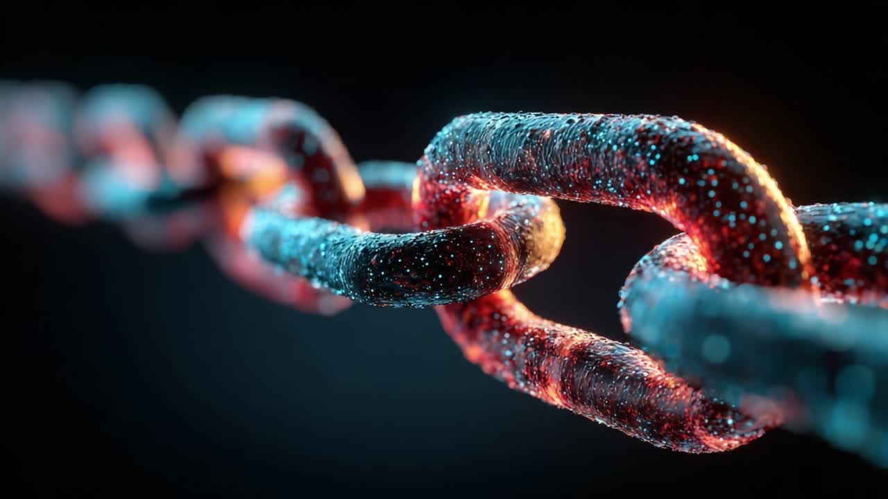 A High-Resolution Close-Up of Interconnected Chains Illuminated with Vibrant Blue and Orange Particles, Showcasing Strength and Resilience in a Dark Environment