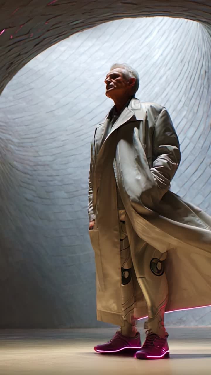 A futuristic figure dressed in an avant-garde long coat and illuminated footwear stands confidently in a minimalist, sculptural environment with soft lighting