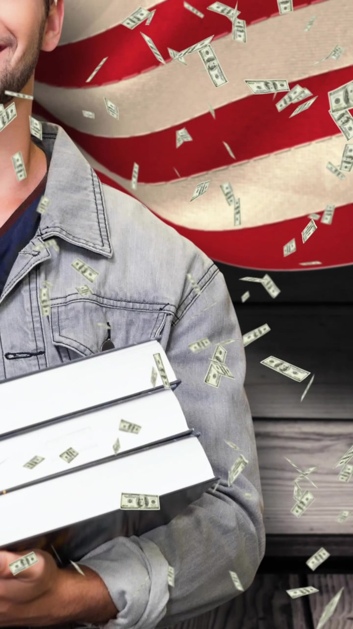 Animación de estudiante sonriendo y billetes sobre una bandera estadounidense