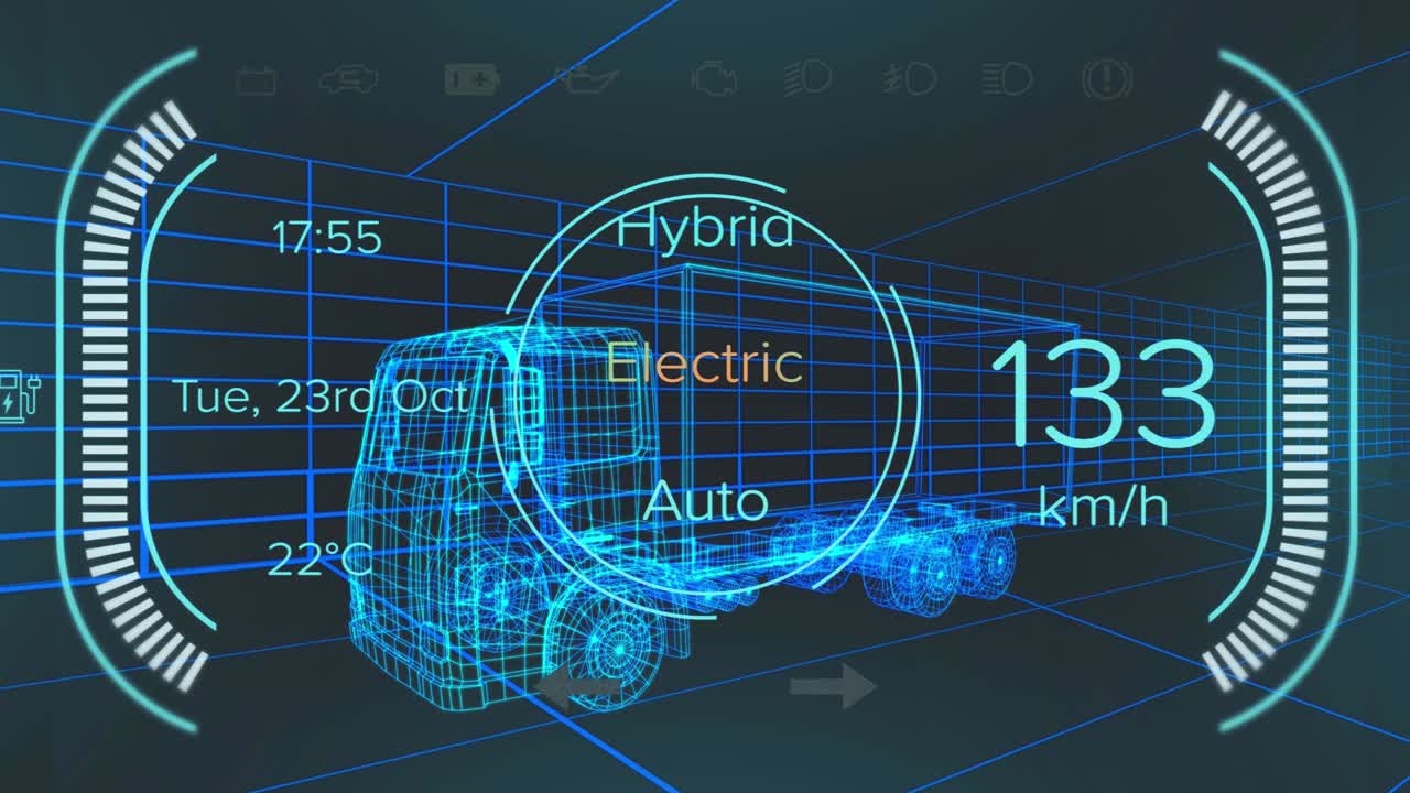 하이브리드 차량 인터페이스의 속도계 및 전력 상태 데이터의 애니메이션, 3d 트럭 모델 이상