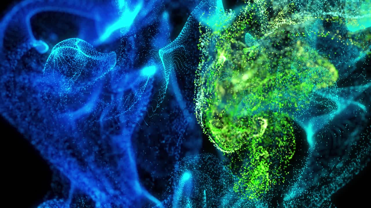 animación de vapores de partículas azules y verdes brillantes que se mueven sobre un fondo negro