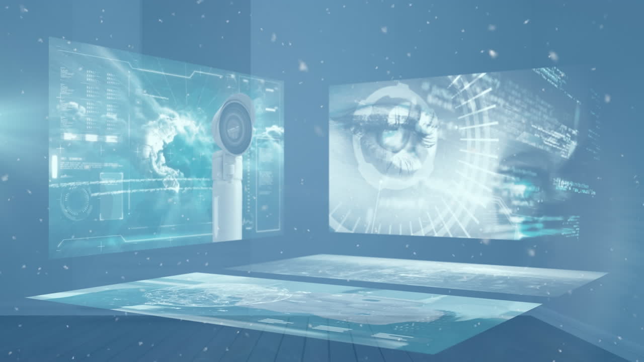 다양한 데이터, 눈 및 보안 카메라의 애니메이션이 배경의 화면에 있습니다.