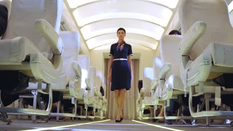 cabin crew walking in airplane during a night flight