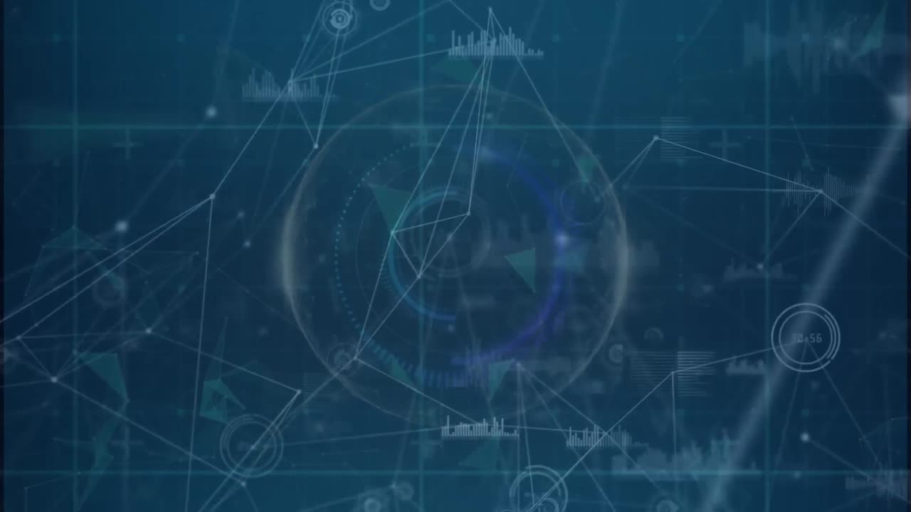 파란색 배경에 그래프와 음파 아이콘으로 연결된 점의 애니메이션