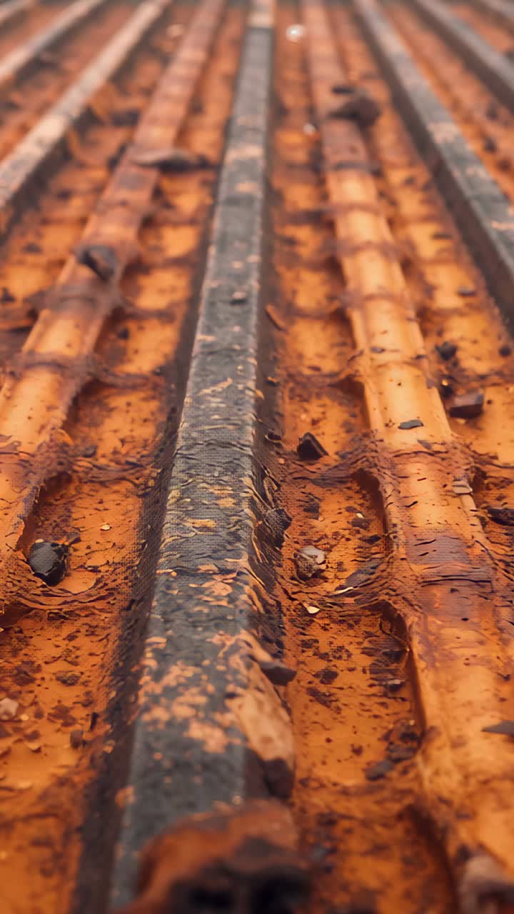 Vertical video: Sliding camera showing rusted ribbed metal roof ridge with flaking paint, puddles