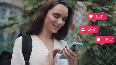 young woman engaged with social media notifications on her smartphone