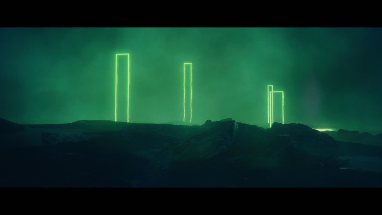 Rocky landscape with huge green light portal structures