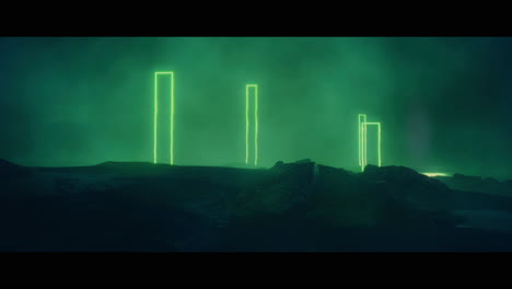 rocky landscape with huge green light portal structures