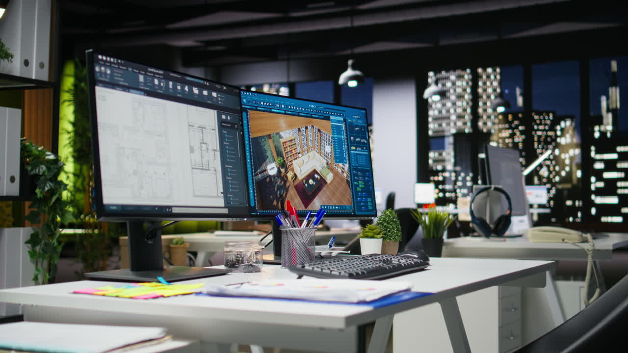 Empty design office with modern desk showcasing blueprint drafting
