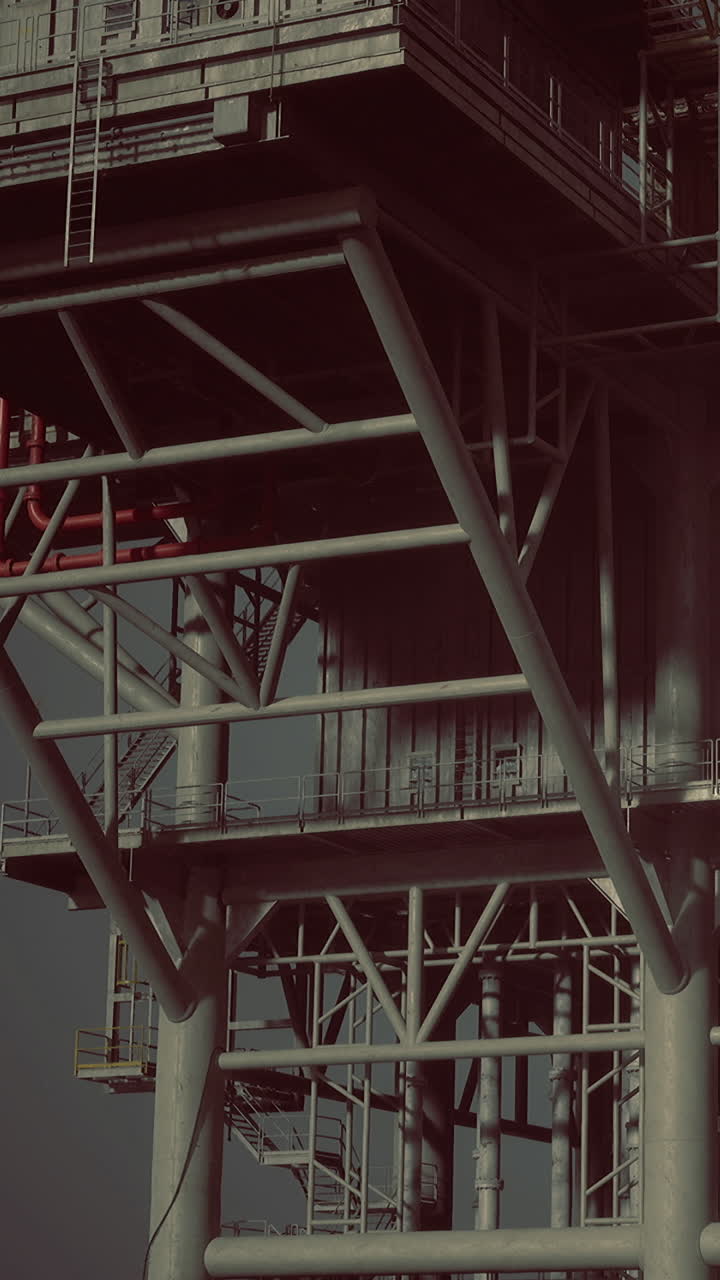 Oil rig structure with metal support beams at a coastal location during the day
