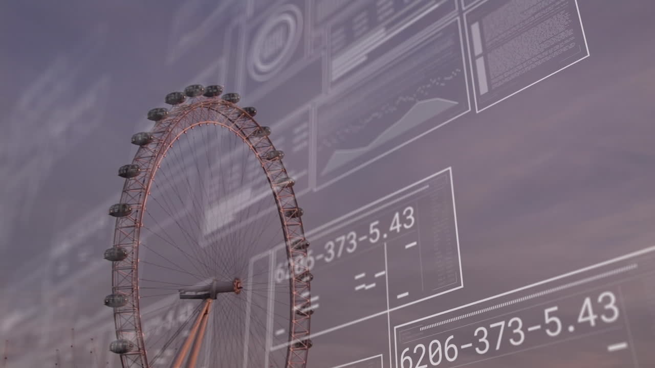 Animation of graphs, loading circles and bars with changing numbers over ferris wheel against sky