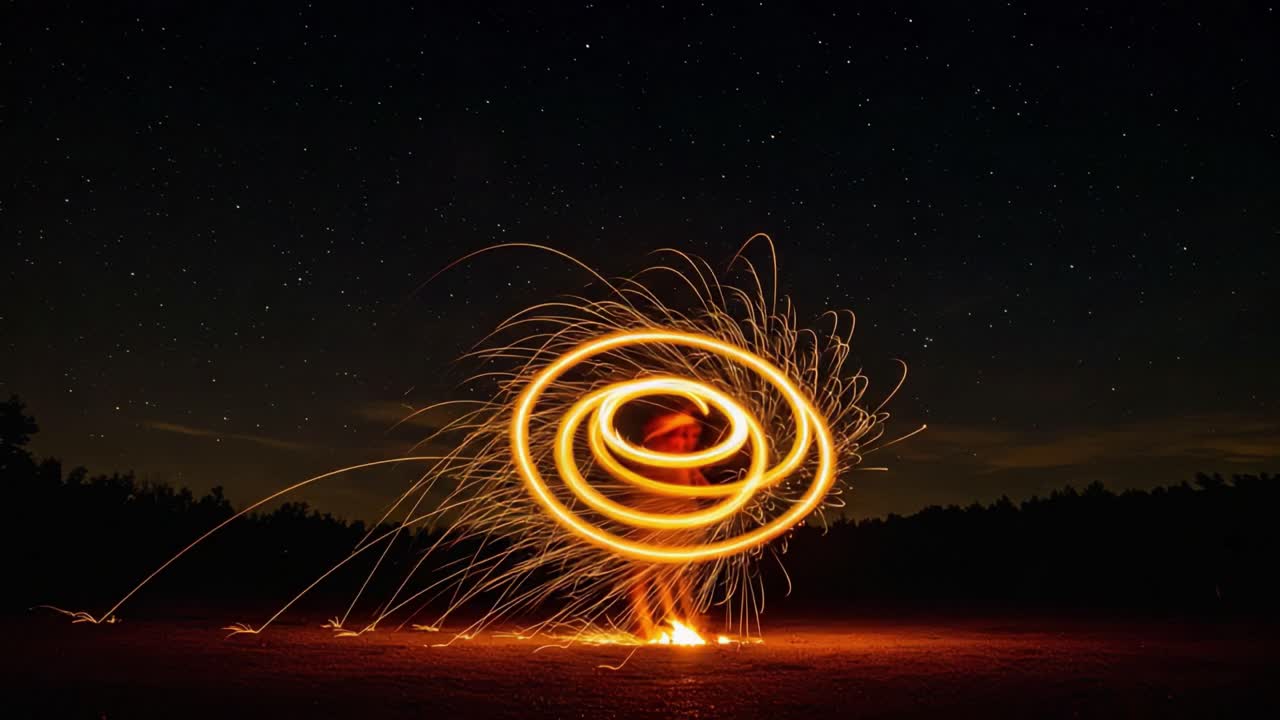A mesmerizing display of fire art as the performer creates dazzling spirals and patterns against a starry night sky, captivating the audience with every movement