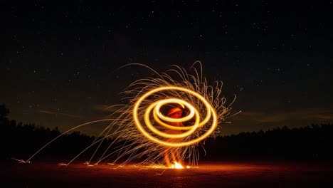 A mesmerizing display of fire art as the performer creates dazzling spirals and patterns against a starry night sky, captivating the audience with every movement