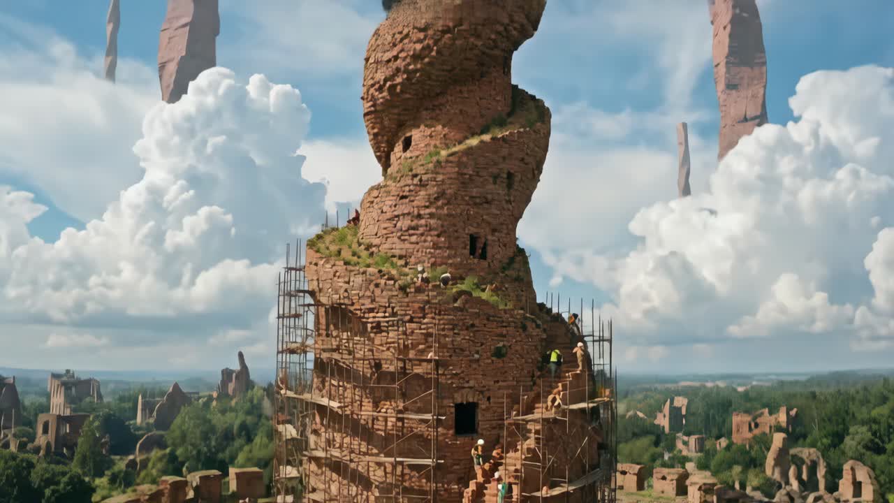 Construcción de torre fantástica con trabajadores e islas flotantes