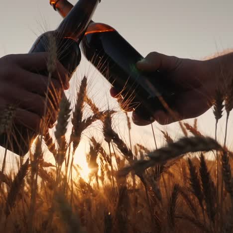 dos manos masculinas tintinean vasos de cerveza al atardecer 1