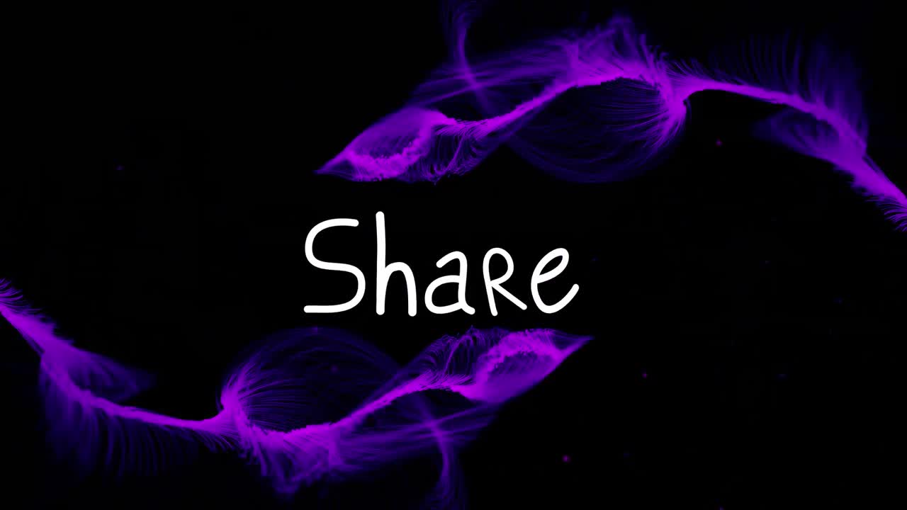 Animation of share text over purple shapes on black background